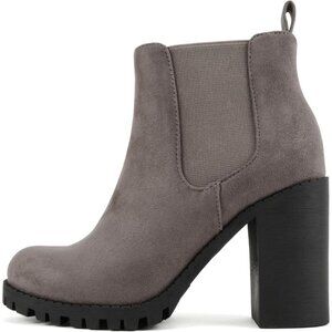 Women's Charcoal Imitation  Lug Sole Ankle Boot Elastic Gore Chunky Heel Bootie
